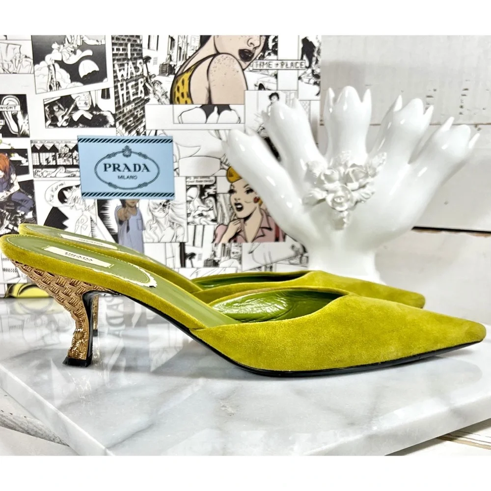 |SOLD| Prada Avocado Suede Leather Mules with Decorative Heel - Picture 3 of 8